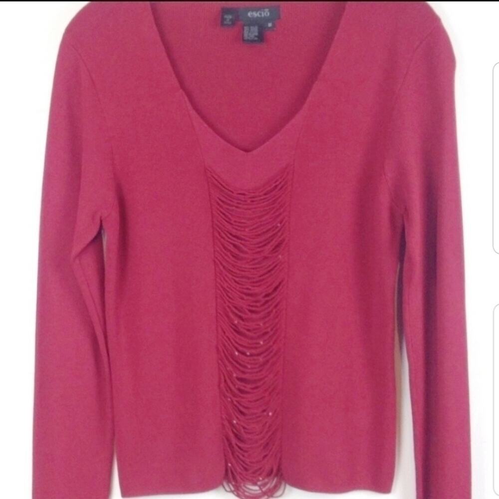 Escio Deep Red Delicately Beaded Detail ‎ Knit Top V-Neck Sweater Size Medium